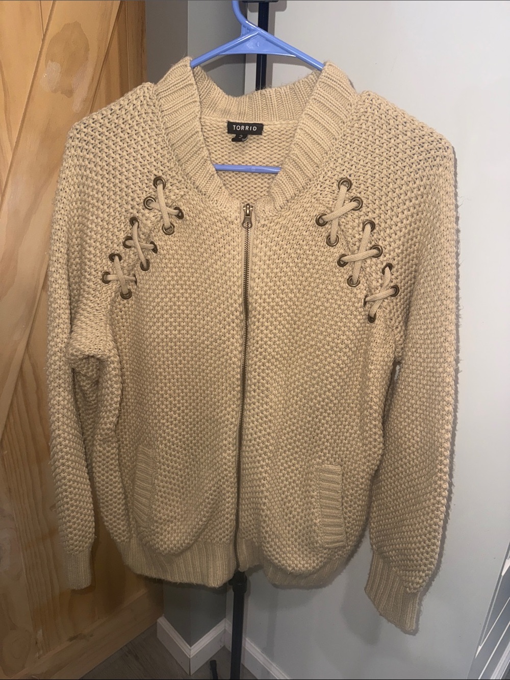 torrid Beige Lace-Up Zip Front Knit Cardigan